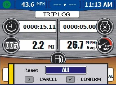 RESETTING TRIP LOG AMOUNTS Section 6 - Environment nd Nvigtion 1. From the "TRIP LOG" screen, press the enter button. VesselView displys the reset pop up screen. Trip log reset pop up screen 2.