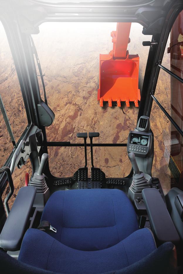 Wide adjustable armrests and a retractable seat belt are included. Short stroke levers allow for continuous operation with less fatigue.