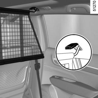 Fitting the luggage net behind the front seats Inside the vehicle on each side: lift the cover 1 to access the anchoring point; latch the hook