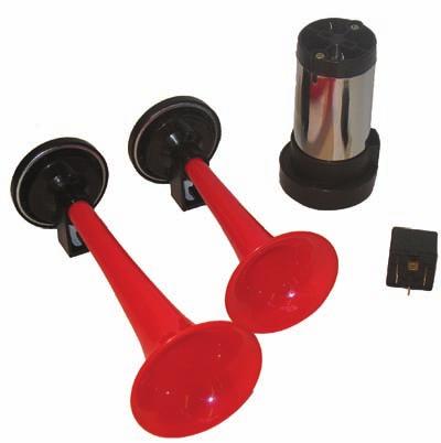 AIR HORNS Part 3FHU9 TWO TRUMPET Mid Range Sound Air powered two (2) durable red plastic trumpets that produce a powerful sound that will be heard.