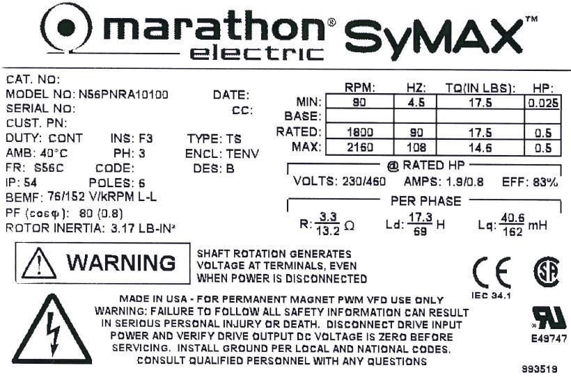 SyMAX Comprehensive Motor Nameplate Marathon SyMAX motor nameplates provide motor characteristic information that directly correlates to Yaskawa drive parameters for PM motor control.