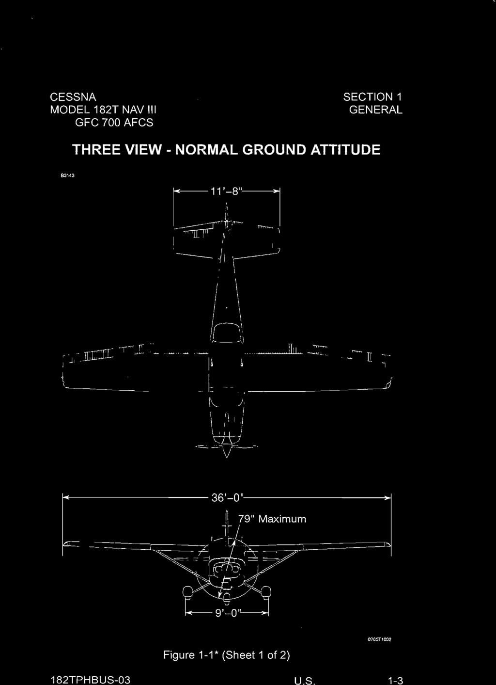 CESSNA SECTION 1 GENERAL THREE VIEW - NORMAL GROUND ATTITUDE 63143