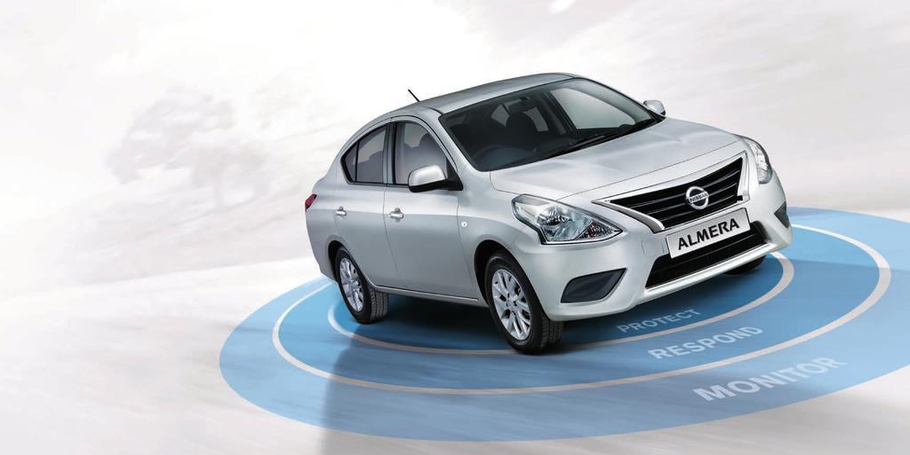 SAFETY The Nissan ALMERA comes with an impressive array of safety features that are designed to keep you and your passengers safe and sound in virtually all conditions.