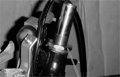 Install the steering stem lock nut and tighten it while holding the top cone race. Torque: 8.012.0kg-m Install the front wheel.