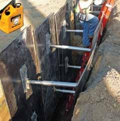 Hydraulic shores are installed and removed from the surface, thus avoiding the risk of working in an unshored trench.