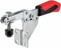 Horizontal acting toggle clamps 6833 Horizontal acting toggle clamp with open clamping arm and angle base. Galvanized and passivated.