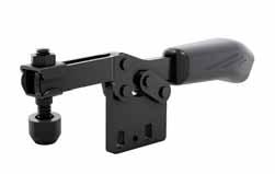 Horizontal acting toggle clamps 6832B Horizontal toggle clamp, black with open clamping arm and vertical base. Matte-black galvanized.