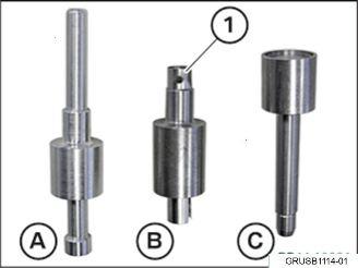sleeve (1) Press tool (C) Note: The following steps are described with the inlet camshaft removed for increased clarity. Do not remove the inlet camshaft to determine measurement.