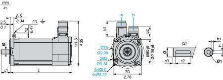 Product data sheet Dimensions Drawings BSH0702P12A2A Servo Motors Dimensions Example with Straight Connectors a: Power supply for servo motor brake b: Power supply for servo motor encoder (1) M4