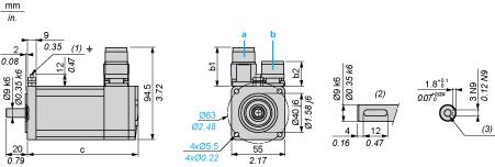 Product data sheet Dimensions Drawings BSH0553P11A1A Servo Motors Dimensions Example with Straight Connectors a: Power supply for servo motor brake b: Power supply for servo motor encoder (1) M4