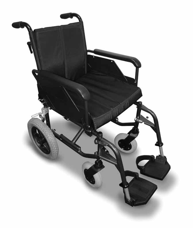 Transit Wheelchair Profiled grip attendant handles Padded seat and backrest Lift up, padded armrests Park brakes Pneumatic 12 (305 mm) rear wheels Solid 7 (180 mm) front wheels