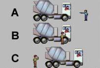 LG043 - General Knowledge Many accidents occur when heavy vehicles are reversing. Look at the three diagrams. In which diagram is a helper (guide) best placed to guide you?