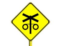 SI043 Traffic Signs What does this sign mean? - Railway level crossing with flashing signals ahead, slow down, drive carefully, and be prepared to stop.