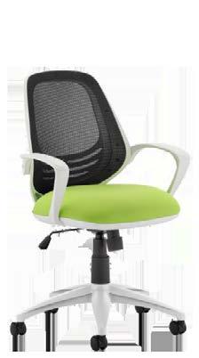 Atom The Atom with a mesh back and white frame with looped arms. The seat is deeply cushioned.