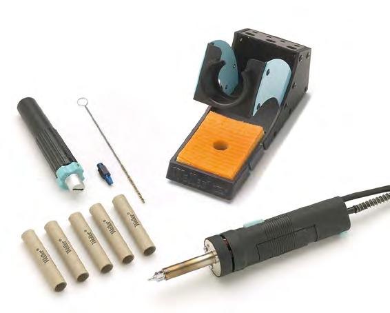Inline desoldering iron with internal solder reservoir for vertical handling. Electronic temperature control. Micro finger switch controls quick start of fast action vacuum pump.