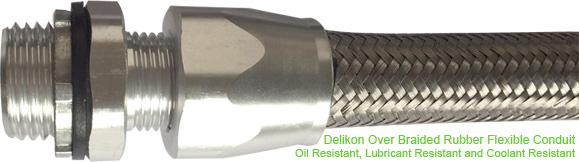 Delikon Oil Resistant Over Braided Flexible Conduit and Fittings system is ideally used in situations where a flexible conduit must withstand exposure to machine tool fluids, oils, dust, etc.