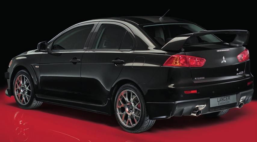 Lancer Evolution shown with brake air duct, front spoiler, side airdam, rear corner extensions, exhaust heat