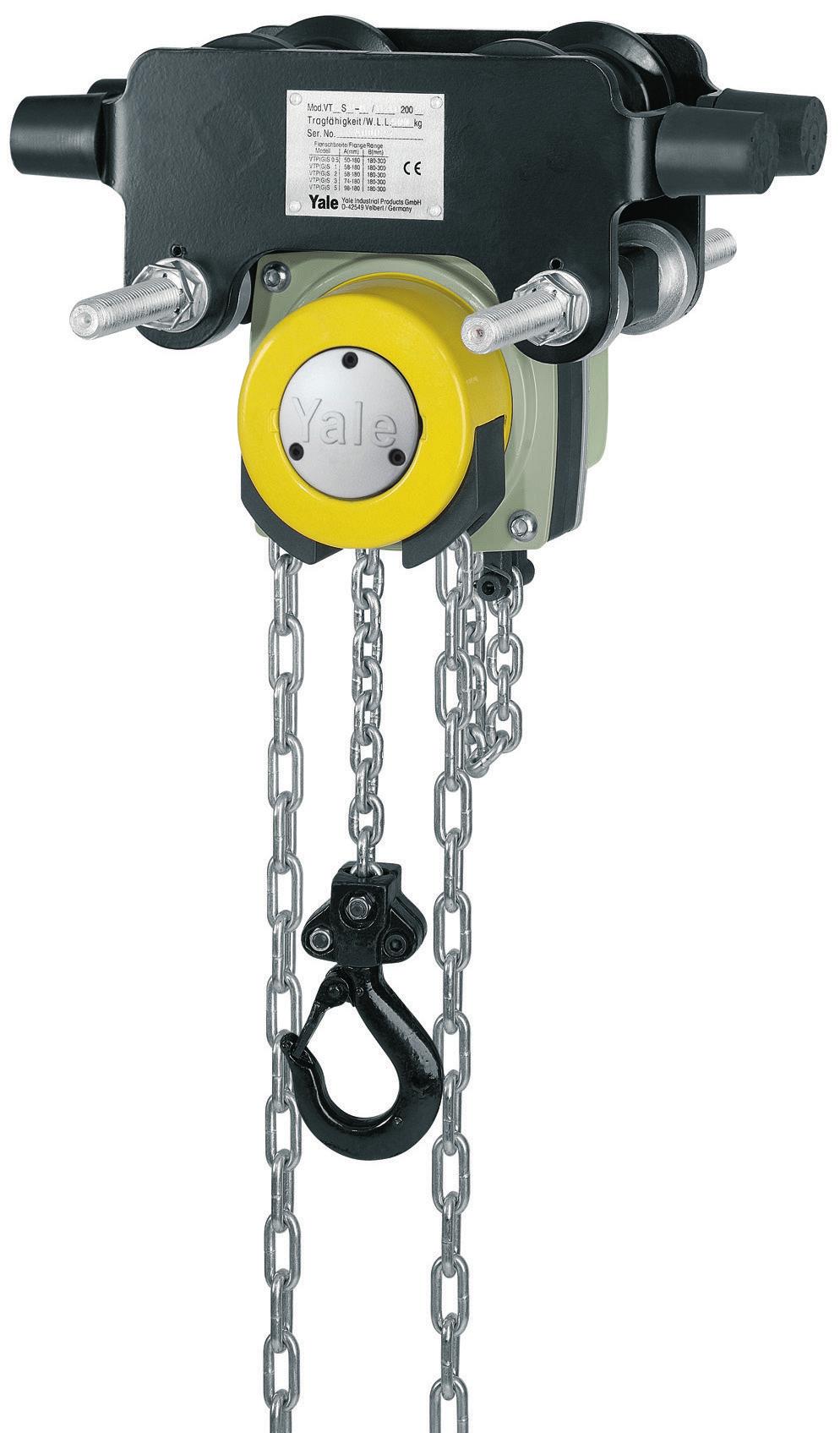 Hand chain hoist with integrated push or geared type trolley model Yalelift IT Capacity 500-20000 The combination of the Yalelift 360 with a low headroom manual trolley provides even more flexibility