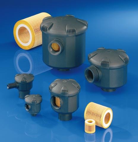 Picolino ventilation filters for gearboxes and liquid tanks (also available with pressure regulation). Picolino filter silencers for noise damping air intake, on small piston compressors.
