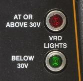 Indicator lights monitor the voltage: green for less than 3 volts while not welding, and either red (greater than 3 volts) or green while welding, depending on the actual voltage of the arc.