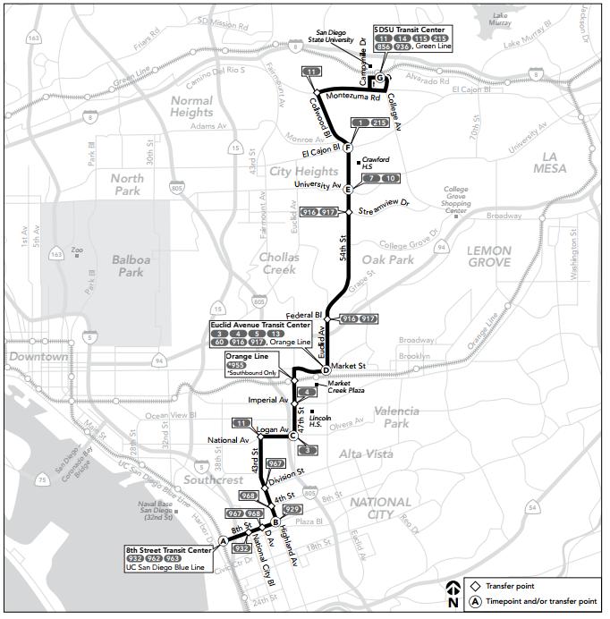 Route 955 runs south from the SDSU Transit Center to the 8 th Street Trolley Station in National City.