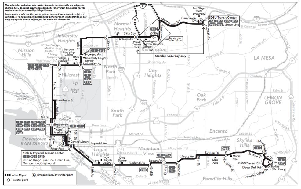 Route 11 runs west and south from the SDSU Transit Center to Downtown San Diego, and then travels east to Paradise Valley Road in the Paradise Hills community.