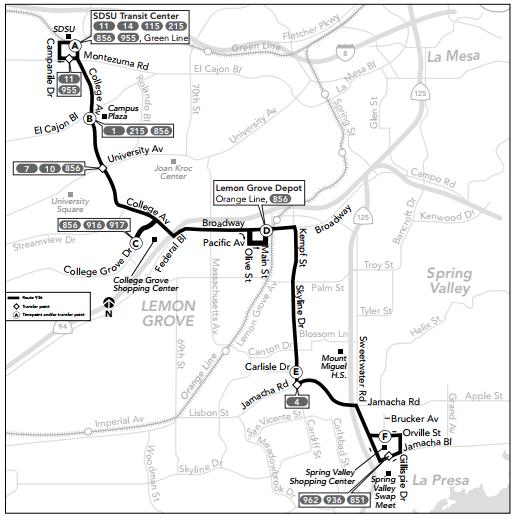 Route 936 runs south from the SDSU transit Center to Spring Valley Shopping Center in La Presa. Within the College Area community, Route 936 runs south along nue towards El Cajon Boulevard.