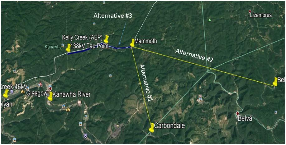 path between Kanawha Area and the Belva Area when conversion is needed. Alternative #3: Has AEP considered building a double circuit extension to Kelly Creek and Mammoth? i. Addresses a much larger range of conditions issues.