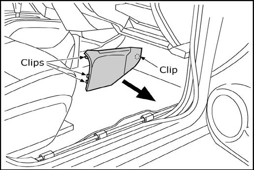 INTERIOR PREPARATION: Fig. 4 4) Carefully pry out Instrument Lower Cover, RH from passenger side of center stack by hand as shown.