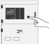 - Remove possible keys or padlocks preventing the earthing switch operation. Verify that the voltage indicating lamps are off.