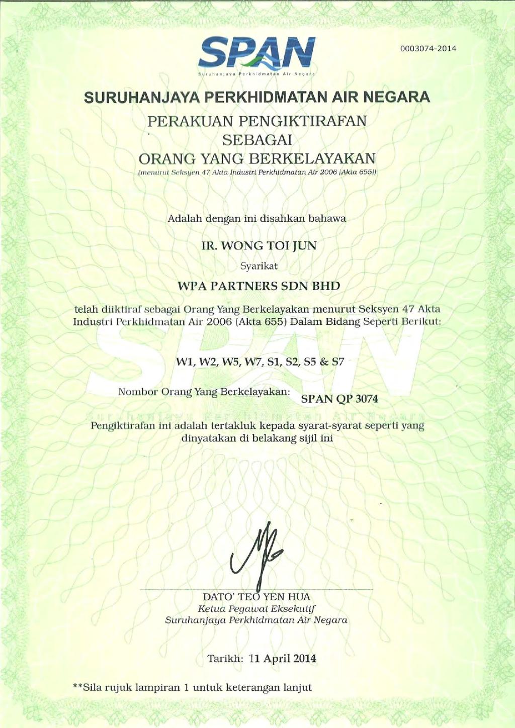 Ir. WONG TOI JUN Registration Certificate