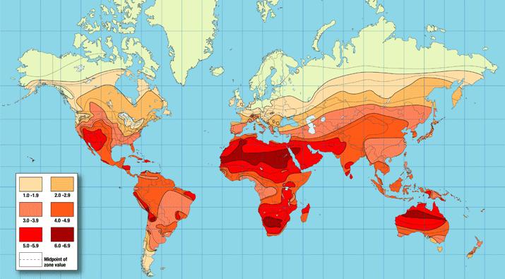 (Example of global insolation map) The daily average of Peak Sun Hours or solar insolation values, based on either full year statistics, or average