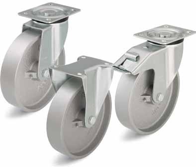 Series: L-G, B-G Pressed steel castors, medium duty brackets, with top plate fitting, 200-350 kg RoHS Brackets: L/B series - Made of pressed steel, swivel bracket with double ball bearing in the