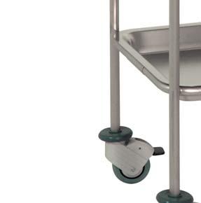 Four ø80 mm castors with bumpers, two with brakes. Made of stainless steel 18/10.