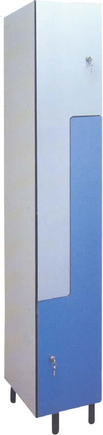Leg levelers. Standard colors: white cupboard and blue doors. Consult other colors.