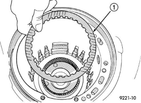 42. Remove the low/reverse reaction plate (1). 43. Remove one (1) low/reverse clutch disc to facilitate snap ring removal.