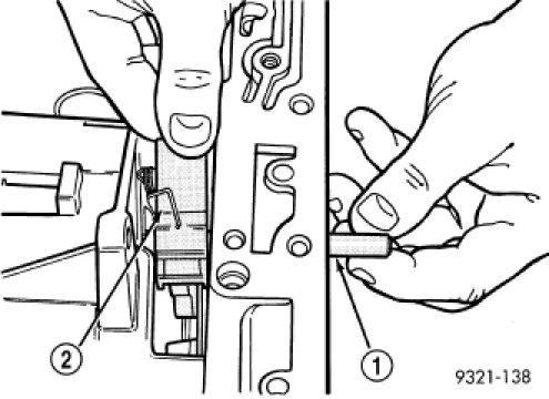 56. Remove the park sprag pivot retaining screw. 57. Drive out the anchor shaft using suitable punch (1). 58. Remove the guide bracket pivot pin (1).