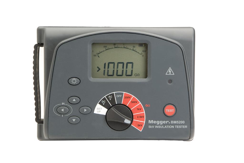 Main range switch with DC insulation tests at 250 V, 500 V, 1000 V, 2500 V and 5000 V. 6. TEST button to initiate and terminate insulation tests 7.