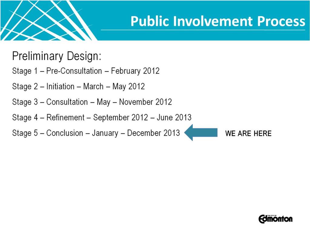 Just a reminder that five stages of public involvement have been designed into the process. We are now at Stage 5 for the west segment of the Valley Line.