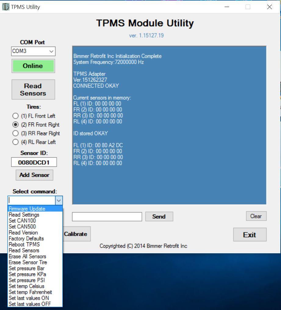 3. TPMS Utility has list of additional commands available under Select command dropdown list.
