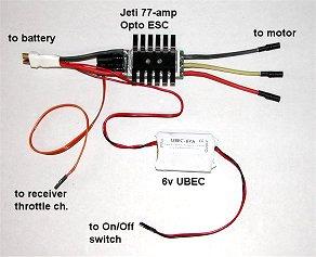 The "UBEC" has a set of input and output leads. The input leads are soldered on the input side of the speed control at the battery connector.