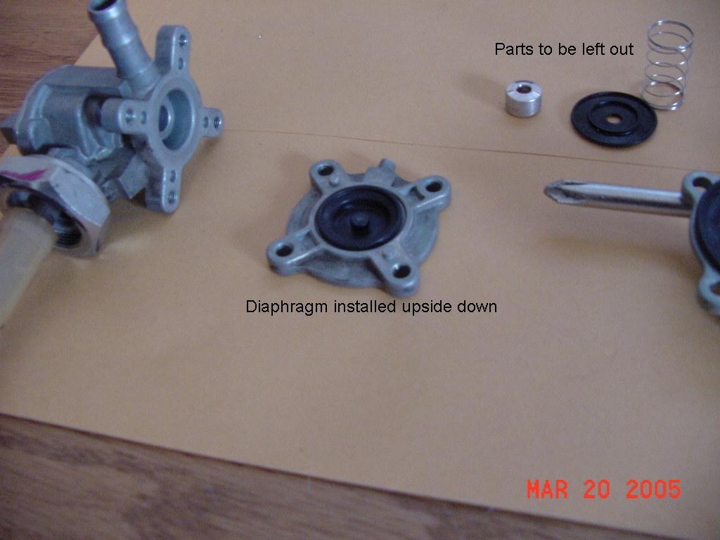 Petcock: 1. Disassemble petcock valve by removing 4 screws. 2. Remove diaphragms from center slug. 3.