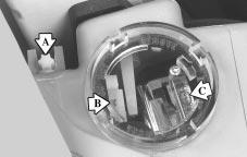The aiming screw for the vertical aim indicator (A) is at the center of the headlamp cover and the aiming screw for the horizontal aim indicator