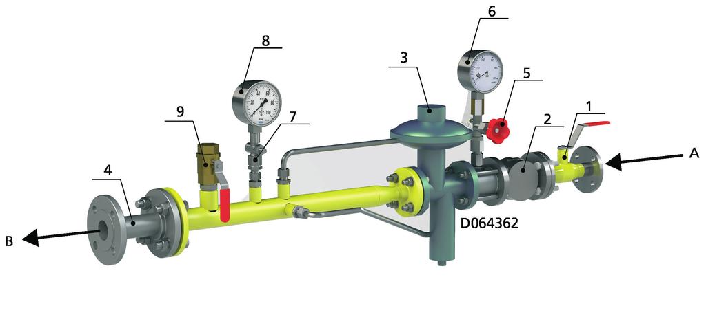 Gas pressure control assembly Example 1. Ball valve 2. Gas filter 3.