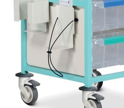 moulded side panels incorporate runners with positive stops, preventing trays from being accidentally withdrawn Carerails fitted to each side of the trolley to support a wide range of accessories
