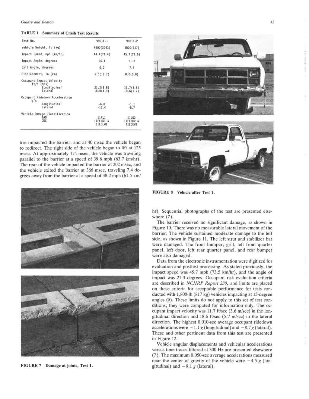 Guidry and Beason 43 TABLE 1 Summary of Crash Test Results Test No. 9901F-I 9901F-2 Vehicle Weight, lb (kg) 4500(2043) 1800(817) Impact Speed, mph (km/hr) 44.4(71.4) 45. 7(73.