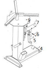 2. Attach the bar weld (#7) into the bracket of the main stand base (#4) with a lock pin (#8). 3.