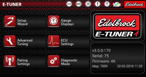 E-Tuner Home Menu Overview The E Tuner APP and Tablet are for setting up, tuning and troubleshooting the PF4 EFI system. The Tablet does not have to be permanently used for the EFI system to operate.