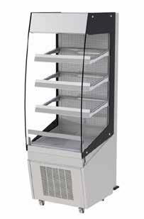 Each shelf controlled individually. Controls located in drop-down fascia. Castors come as standard with this display. Fixed back as standard. Rear doors as optional extra. See below.