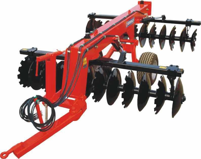 Trailed Disc Harrow in V form DVT Trailed construction, disc gangs work in V form 28, 32 or 36 heavy duty discs, Φ660x6 mm High tensile strength central chassis beam 250x250x10 mm Inter disc spacing